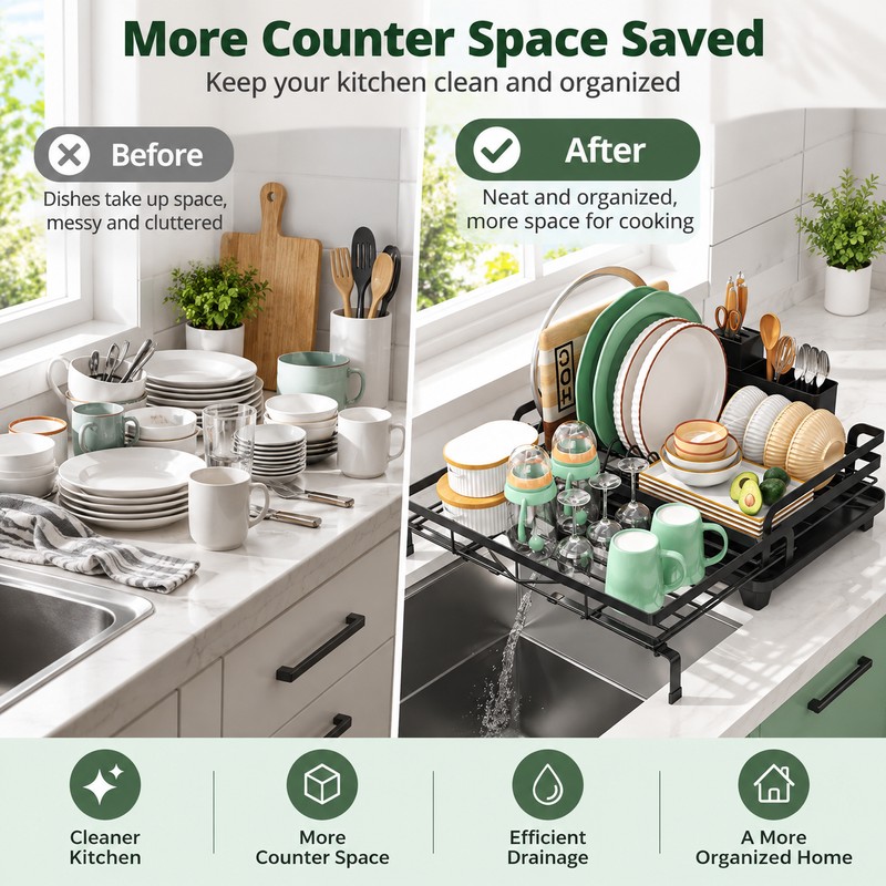 Expandable Dish Drying Rack for Kitchen Counter – Adjustable Dish