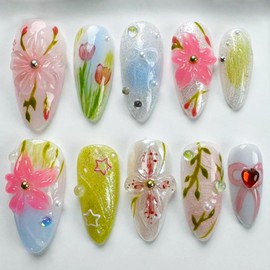 30Pcs 3D Handmade Press on Nails Medium Almond Fake Nails with Flower Pearl Rhinestones Designs Summer Glue on Nails Cute Acrylic Nails Press ons False Nails Colorful Floral Stick on Nails for Women