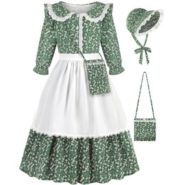 Aoiviss Girls Pioneer Costume Floral Colonial Prairie Dress for Little Kids with Apron and Bonnet, Green