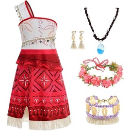 bluaqua Vaiana Children's Costume with Necklace and Flower Crown and Hair Clip, Moana Princess Costume for Girls, Moana 2 Carnival Hawaiian Birthday Cosplay (120)
