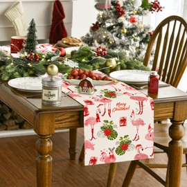 Flamingo Christmas Table Runner Beach Christmas Table Cover Tropical Coastal Hawaliian Christmas Decor Flamingo New Year Xmas Decor Christmas Decorations for Home Party