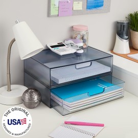 STORi STAX Plastic Stackable Organizer Drawers (Set of 2) Classic Grey | 12.5" Wide | Set Includes Two Open Drawer | Organize Office Desk Accessories & Sort Paper | Made in USA