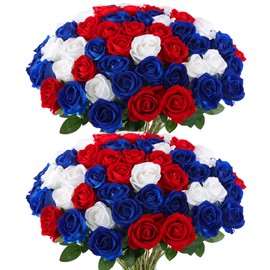Hananona Artificial Roses in Bulk, Fake Velvet Silk Roses Realistic Roses for 4th July Wedding Centerpieces Independence Day Flower Arrangement Home Decor (50, Red, White, Blue)