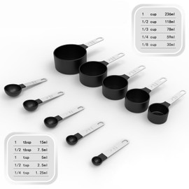 8 Piece Measuring Cups and Spoon Set Stackable Stainless Steel Handle for Measuring Dry and Liquid Ingredients for Kitchen (Black)