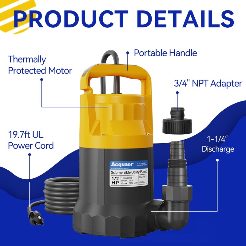 Acquaer 1/2HP Sump Pump, 2906GPH Submersible Water Pump for Water