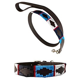 CARLOS DIAZ Collar de Perro Premium Bordado y Encerado Estilo Polo de Cuero Genuino + Correa Que Combina L
