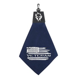 Tromic USA Distressed Flag Military Veteran Skull On Pleather Triangle Golf Towel with Pleather & Swivel Hook Father's Day Club Ball Tee Golfing Gift Birthday Variety Colors Towels Vinyl