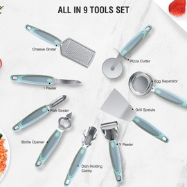 Stainless Steel Kitchen Gadget Set, HIFIND 9 PCS Cooking Gadgets Tools Set with Soft Touch Handles, Pizza Cutter, Peeler, Cheese Grater, Bottle Opener, Egg Separator, Grill Spatula, Holding Clamp