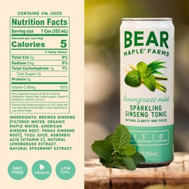 Bear Maple Farms Sparkling Ginseng Tonic, Natural Focus & Clarity from Ginseng, No Caffeine, 5-10 calories per serving, Naturally Sweetened, 12oz can - Lemongrass Mint