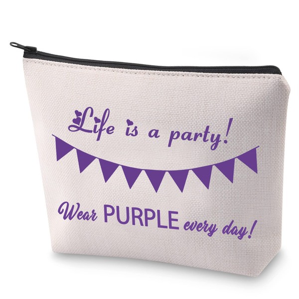 Bolsa de maquillaje morada con cita morada, regalo para amante de la vida es una fiesta, color morado para todos los días, bolsa de cosméticos morada, regalo para fanáticos, Wear Purple