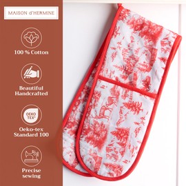 Maison d' Hermine Double Oven Mitts 100% Cotton 7"x35" Double Oven Mitt Heat Resistant BBQ Cooking Gloves with Loop, Baking, Grilling, Home, Kitchen, Handling Hot Pans (Winter Jouy)