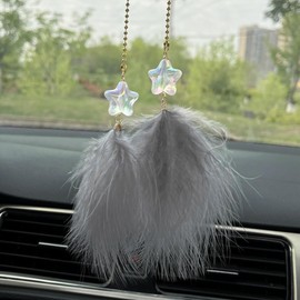 Fuzzy Feather Car Rearview Mirror Accessories - Cute Star Feather Shape Hanging Pendant Car Interior Rear View Mirror Charm - Lucky Ornament Auto Mirror Decoration for Men and Women (Grey)