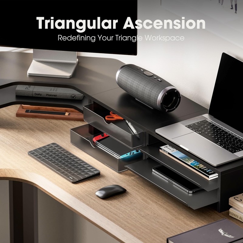 Fenge Dual Monitor Stand, 2-Tier Corner Monitor Riser with Drawer