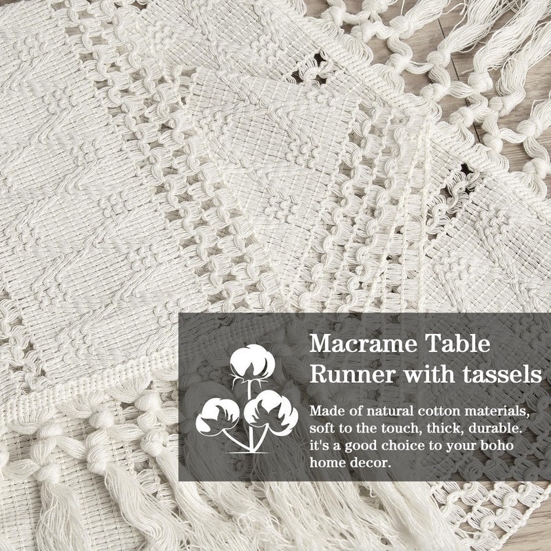 yuboo Boho Table Runner Short, Fall Beige Macrame Coffee Table