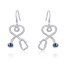 AOBOCO S925 Nurse Earrings Sterling Silver Fishhook Stethoscope Drop Earrings with Blue Crystal,Jewelry Gift for Doctor Nurse