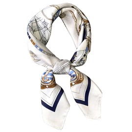 First Choose Fashion and Elegant Silk Feeling Scarf Square Satin Retro Style Sunscreen Head Scarf for Women 27.5" × 27.5", White Blue-sailboat, 70*70 cm