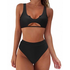 SUUKSESS Women Cutout Bikini Sets Push Up High Waisted Swimsuits 2 Piece (M(4-6), Black)