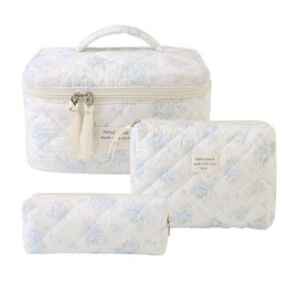 Floral Pattern Quilted Makeup Bag Set, 3 Counts Travel Cosmetic Bags, Portable Zipper Makeup Organizer Pouches, for Skincare, Lotion, Cream, Lip Balm, Eyeliners, Makeup Tools, Travel Essentials, Back To School - Color: White-Blue Flower, Specification: o