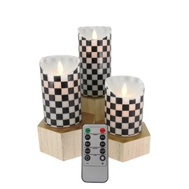 Flickering Flameless Wax Coated Candles Unscented Set of Three with Remote Control (Black and White Small Check)
