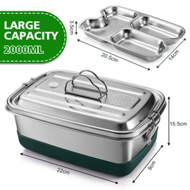 Aurinovellia Premium Stainless Steel Lunch Box, 2000 ml Lunch Box, Leak-Proof, Lunch Box with 3 Compartments, Metal Lunch Boxes, Environmentally Friendly & BPA-Free, Bento Box, Lunch Box, for Adults