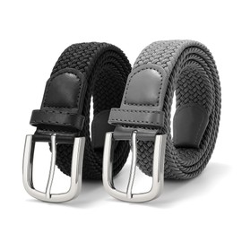 JASGOOD 2 Pack Men Braided Canvas Stretch Belt Elastic Casual Belt for Men Women,Junior 1.3 Inch Wide,Black+Grey/Silver Buckle