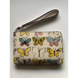 Coach Corner Zip Wristlet Wallet Butterfly Print Canvas Leather Chalk CAQ55 NWT