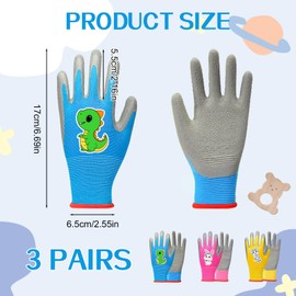 Kids Gardening Gloves 3 Pairs, Ages 8-11, Safety Work Gloves with Cartoon Designs, Soft PVC Dots, Breathable and Non-Slip, Ideal for Yard Work, Fishing, and Camping - Colorful and Comfortable