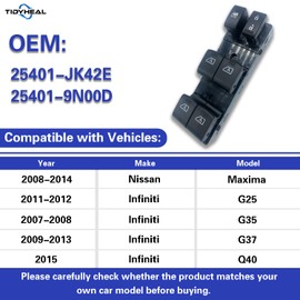 Tidy Heal Power Window Master Switch Driver Side for Nissan Maxima 2008-2014,for Infiniti 2011-2012 G25,2007-2008 G35,2009-2013 G37,2015 Q40 25401-9N00D 25401-JK42E