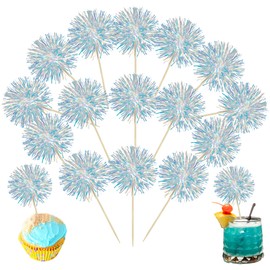 Ephlyn 30Pcs Foil Firework Cupcake Toppers Sparkle Tinsel Cupcake Picks Drink Stirrers Cocktail Food Fruit Toothpicks for Baby Shower Graduation Party Supplies White
