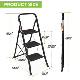 3 Step Ladder, SPIEEK Folding Step Stool with Wide Anti-Slip Pedal, 330lbs Capacity Portable Lightweight Ladders for Home Kitchen Outdoor, Black