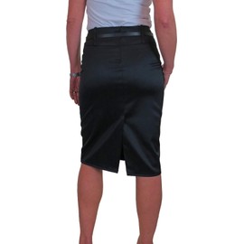 icecoolfashion Women's Stretch Satin Below Knee Bodycon Pencil Skirt with Belt Party Evening Business Black (18)