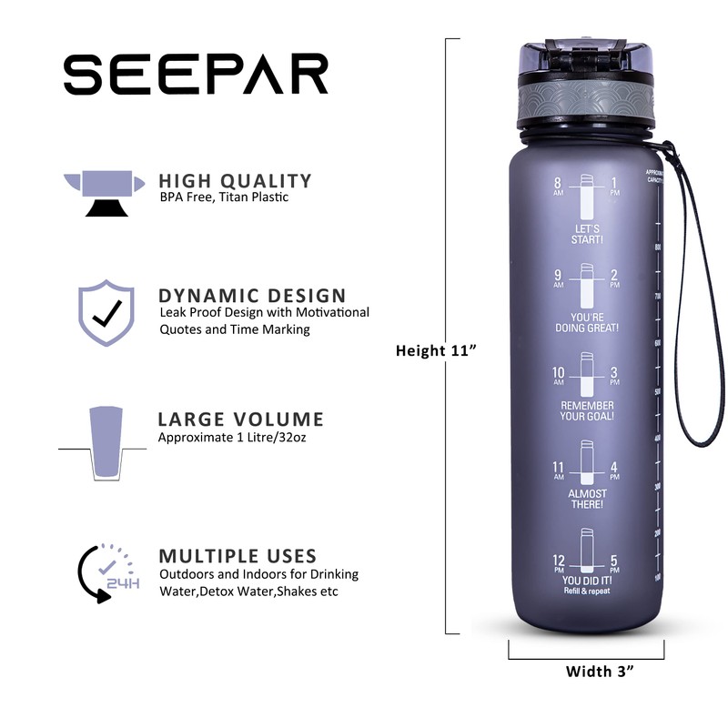 SEEPAR Water Bottle 1L with Time and Hydration Markers, Leak-Proof