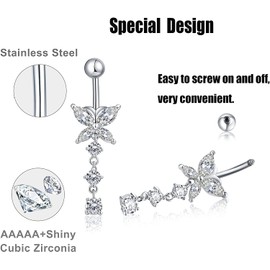 Incaton 14G Belly Button Rings Butterfly Heart Diamond, Stainless Steel Dangle Belly Rings For Women, 6mm Short Bar/ 10mm Hypoallergenic Navel Piercings Silver 10mm