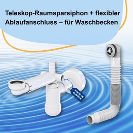 LAXARA Telescopic Siphon for Sink - 1 1/4 Inch Space-Saving Siphon Washbasin Made of White Plastic - Siphon Sink - Horizontal and Vertical Adjustable | (Without Pop-Up Drain Fitting + Overflow)