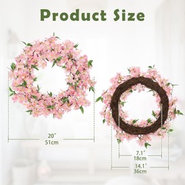 Hollyone 20inch/51cm Artificial Cherry Blossom Wreath for Front Door, Spring Floral Wreath Pink Fake Flower Decorations for Mantle, Window, Wall, Farmhouse