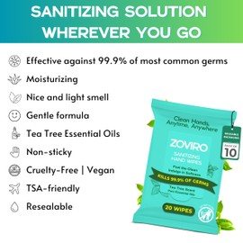 Zoviro Hand Sanitizer Wipes, Moisturizing With Tea Tree Essential Oil, Ultra-Soft 100% Viscose, Hand Wipes Travel Size, Tea Tree Scent, 20 Count (Pack of 10)