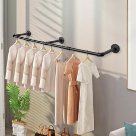 Jeasor Industrial Iron Pipe Clothes Hanging Bar DIY Wall-Mounted Garment Rack Heavy Duty Clothing Rack for Bedroom, Laundry Room, Closet Storage (Black 60 inch)