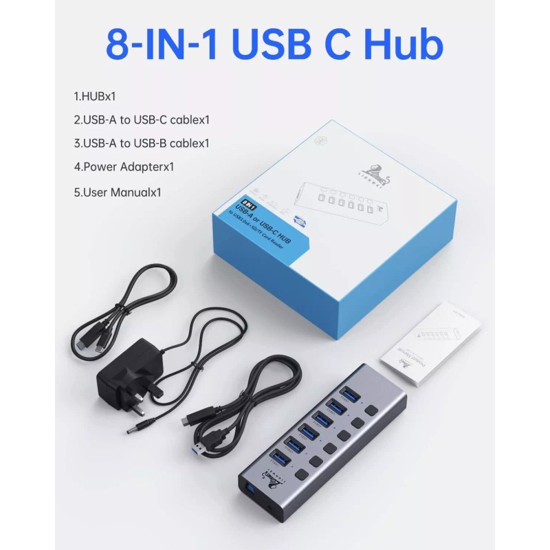 Lionwei Universal 8-Port Powered USB C Hub USB 3.0x6+SD/TF Card