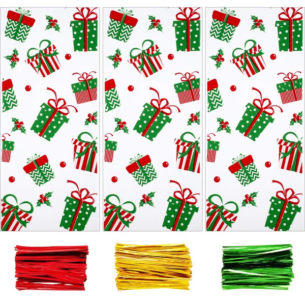 Boao 100 Pieces Cellophane Bags Halloween Christmas Treat Bags Clear Goodies Bags with 150 Pieces Twist Ties for Party Supplies (Style 16)