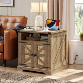 HOOBRO Boho End Table with Charging Station, 23.6" Large End Tables for Living Room, Sofa Side Table with Rattan-Like Barn Door, Wooden Square Nightstand, Big Bedside Table, Flip Top, Tan Brown