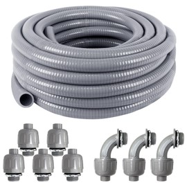 3/4 Inch 25ft Electrical Conduit Kit UL Certification,Flexible Non Metallic Liquid Tight Electrical Conduit,Flexible Metallic Conduit with 5 Straight and 3 90-Degree Conduit Connector Fittings