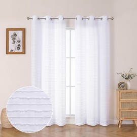 Aiyufeng Boho White Curtains 84 Inches Long 2 Panels Set, Stripe Textured Grommet Jacquard Clip Design Light Filtering Curtains for Living Room Bedroom, 42Wx84L Inch, Total 84 Inches Width