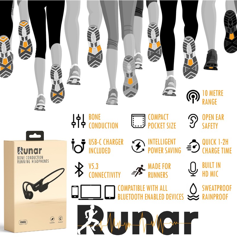 Runar RNR2 Bone Conduction Headphones – Wireless Running Headphones with