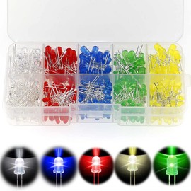 Light Emitting Diode, Transparent LED Diode, DIY Kit, Bullet Type, Round Head, High Brightness, Electronic Component Light, White, Red, Green, Blue, Yellow, 5 Colors, Diode Set, 0.1 inch (3 mm), 0.2 inches (5 mm), Pack of 200