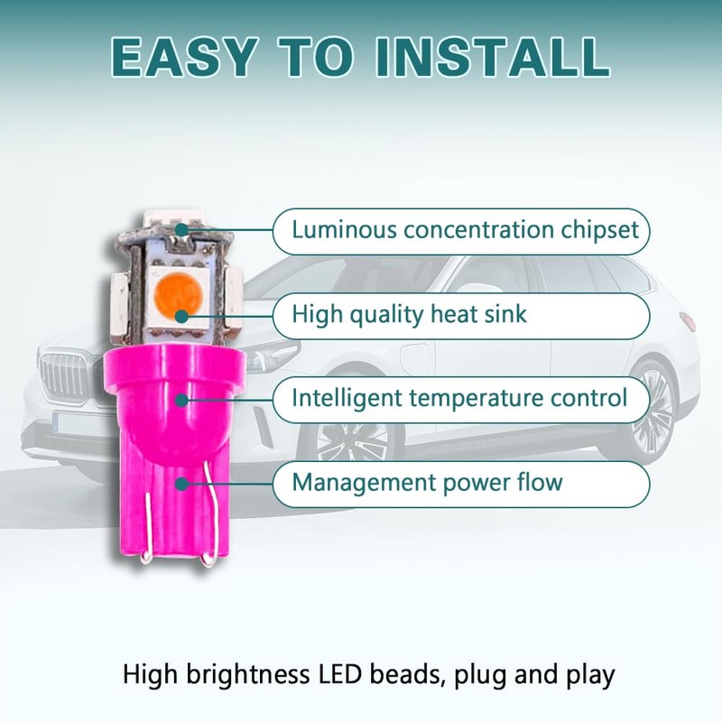 HEVLE 10Pcs T10 Car Interior LED Bulb, 5SMD 5050 Bright