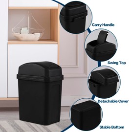 Loiycg 7 L Black Swing Lid Garbage Bin, Small Plastic Trash Can for Living Room, Bedroom, Bathroom, 1 Pack, F