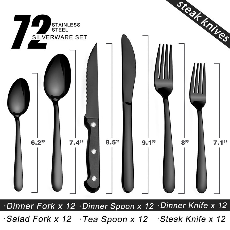 Pleafind 72Pcs Black Silverware Sets for 12 - Dishwasher Safe,