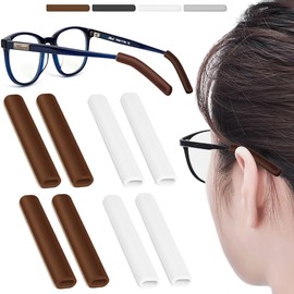 4 Pairs Silicone Glasses Ear Cushion, Eye Glasses Ear Grippers Anti Slip, Glasses Ear Grips Non Slip, Eyeglass Ear Cushions for Pain, Temple Sleeves Tips Ear Pads for Glasses Slip Preventer (BRN&WHT)