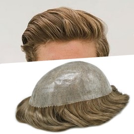 Healthlif Full PU Toupee For Men Human Hair Piece Durable Thin Skin Hair Replacement System PU Injected Mens Toupee Male Hair Prosthesis Hair Units 7X9#710#7 Very Light Brown+10% Grey