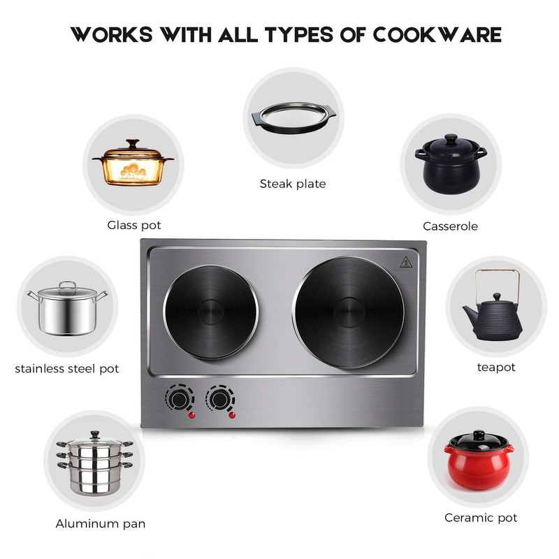 CUSIMAX 1800W Double Hot Plate, Stainless Steel Silver Countertop Burner